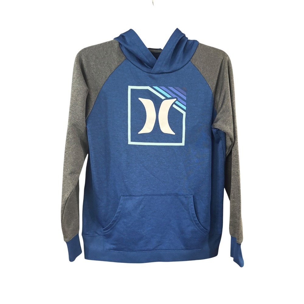 Hurley Boys Pullover Hoodie Blue Gray Raglan Graphic Sweatshirt Size L 14/16